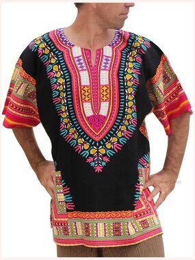 Plus Size Dashiki Print Cotton Maxi Shirt Popover Buttonless Blouse